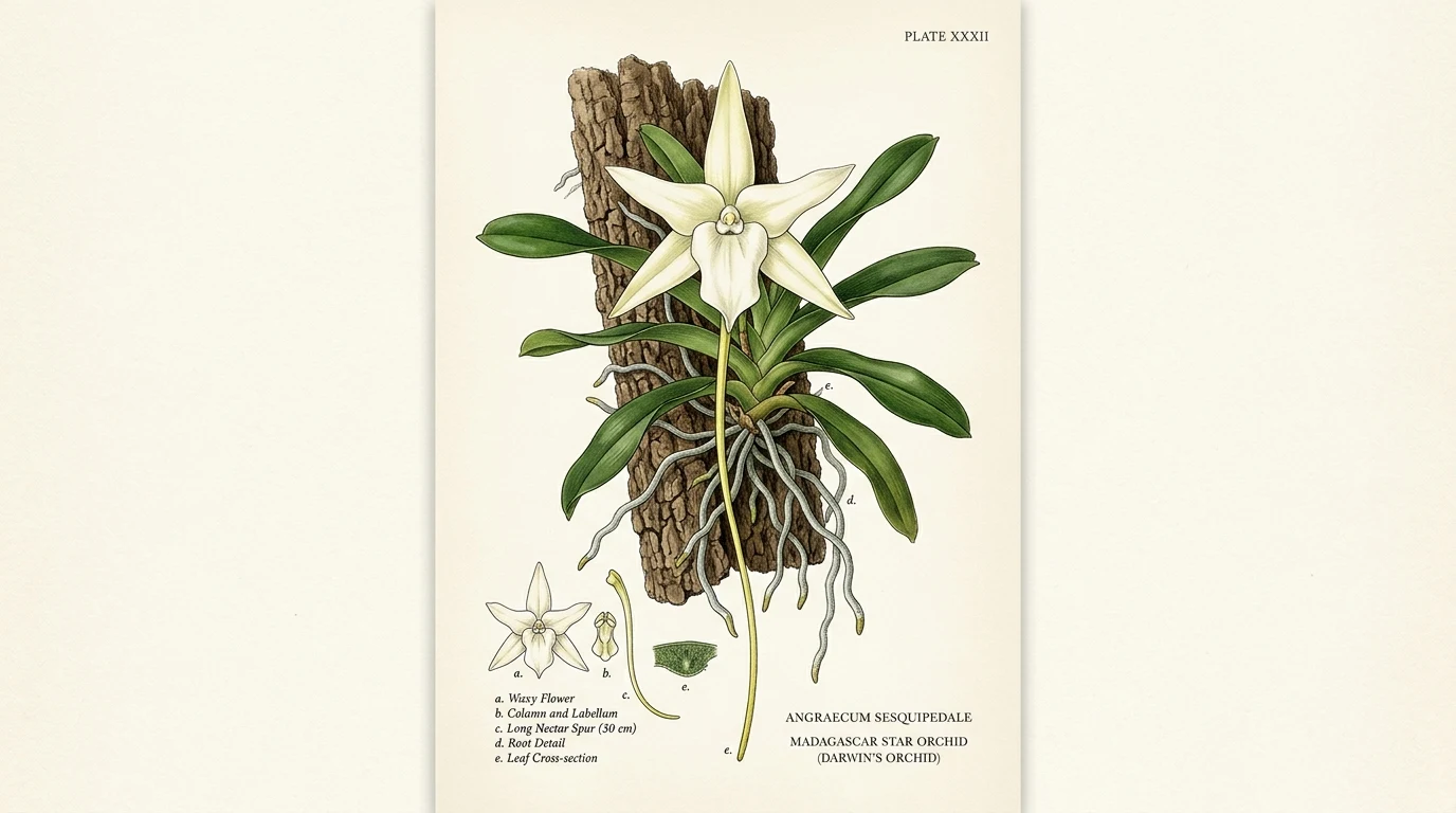 Hoa phong lan sao Madagascar (Angraecum sesquipedale) với chiếc cựa mật dài 30 cm
