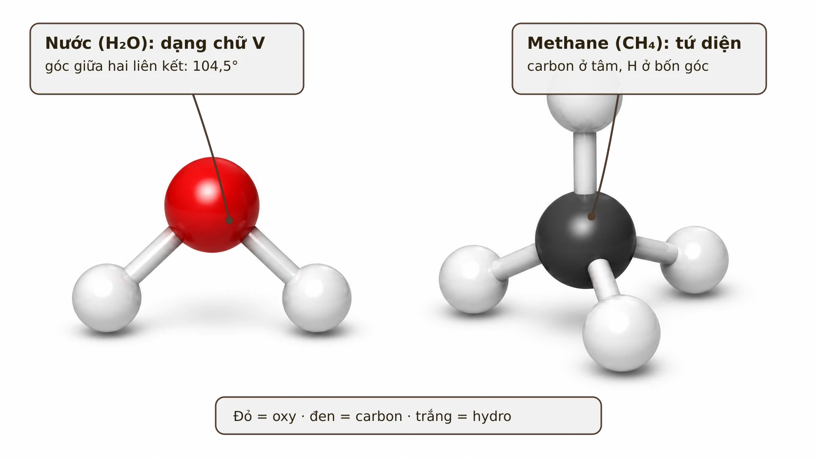 So sánh hình học ba chiều của nước và methane: nước có dạng chữ V, còn methane có dạng tứ diện quanh nguyên tử carbon.