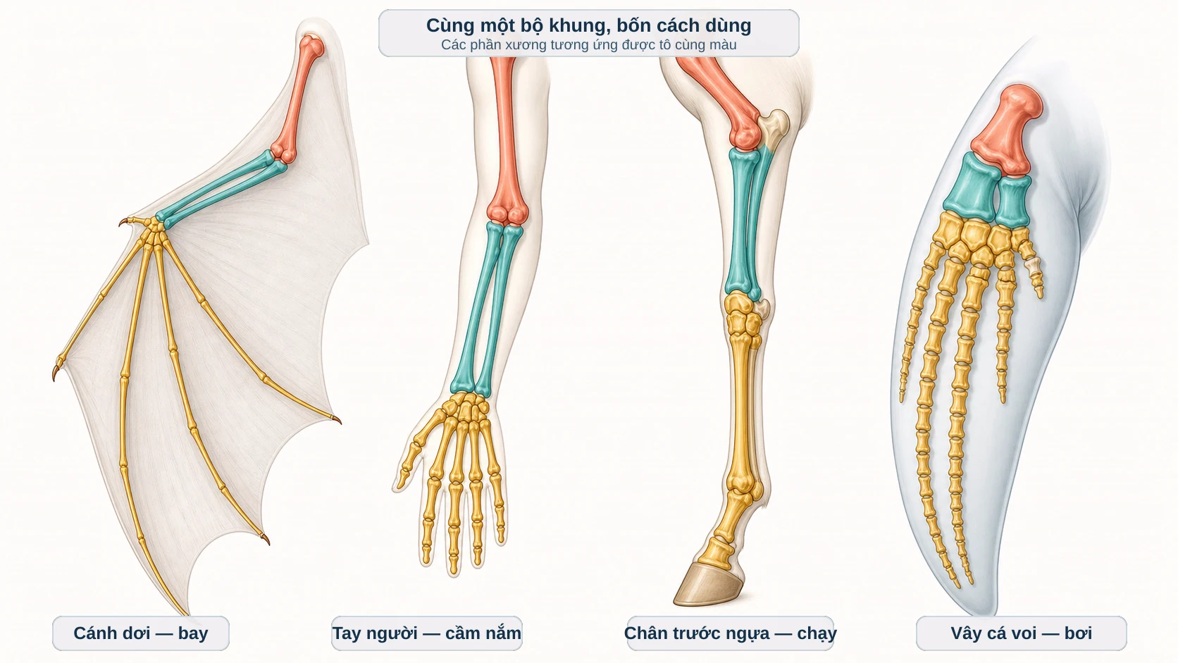 So sánh bộ xương chi trước tương đồng của dơi, người, ngựa và cá voi