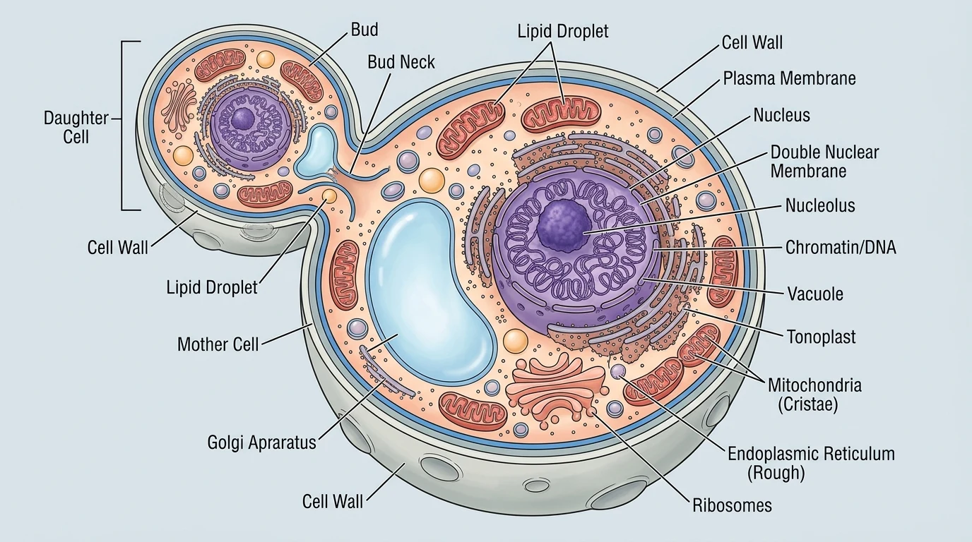 Cấu trúc tế bào nấm men bánh mì (Saccharomyces cerevisiae) nảy chồi với màng nhân kép bao bọc phân tử DNA