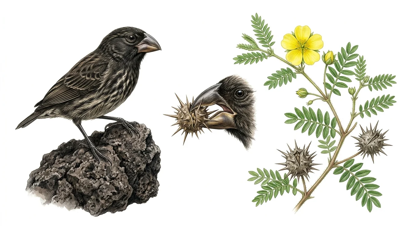 Loài chim sẻ đất trung bình Geospiza fortis và quả gai gỗ Tribulus cistoides trên đảo Daphne Major