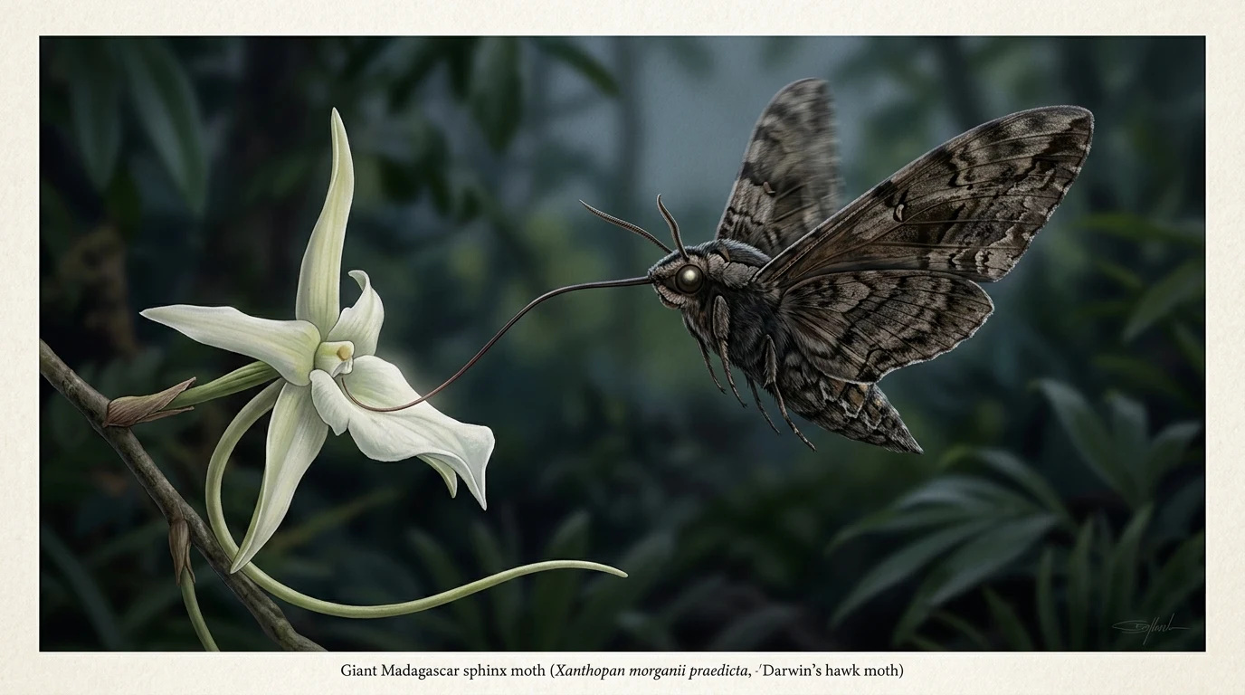 Bướm đêm nhân sư Madagascar (Xanthopan morganii praedicta) giương vòi dài 30 cm hút mật hoa lan