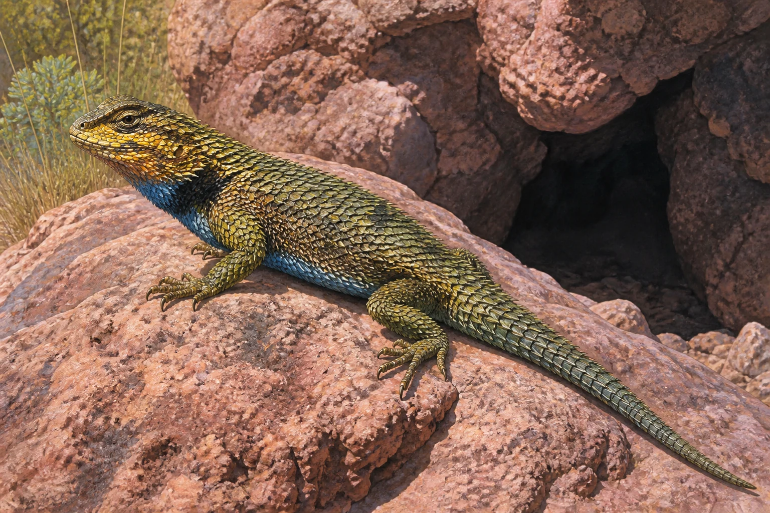 Minh họa thằn lằn thuộc chi Sceloporus trên đá nóng và chỗ trú mát